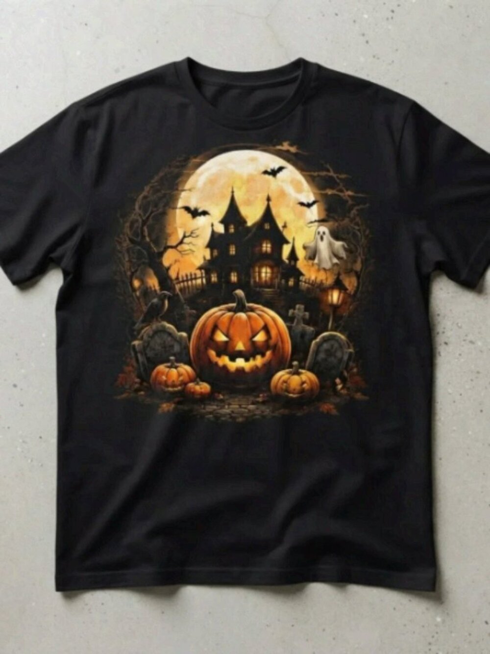 Halloween Spooky Haunted House Pumpkin Full Moon Graphic Black T-Shirt Unisex